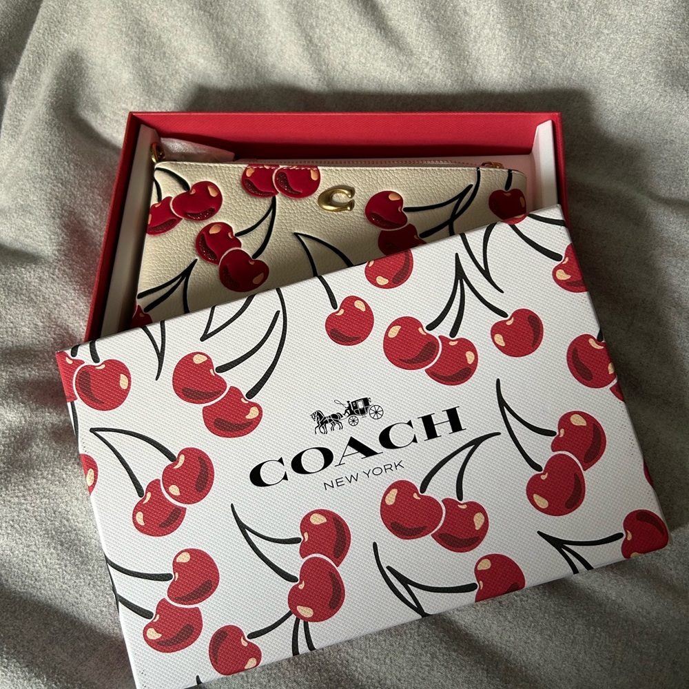 Coach Essential Small Cherry Print Leather Wristlet in Gift Box